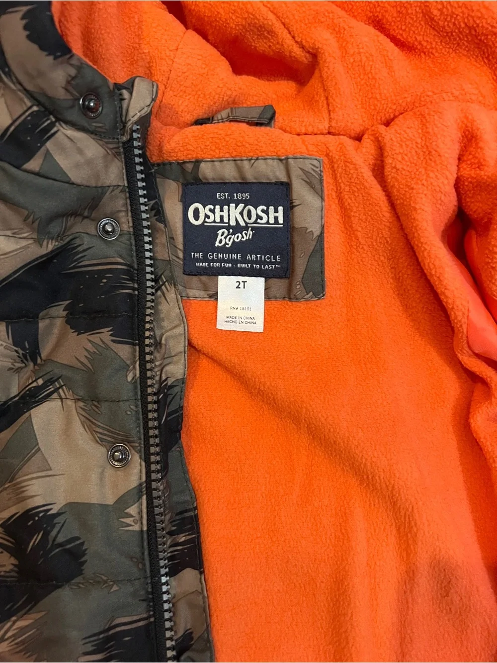 OshKosh B'gosh Camo Puffer Jacket with Bright Orange Fleece Lining